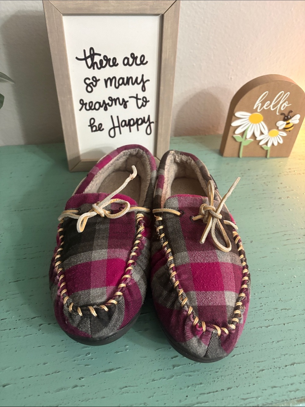 L.L. Bean Pink Gray Plaid Moccasin Slippers